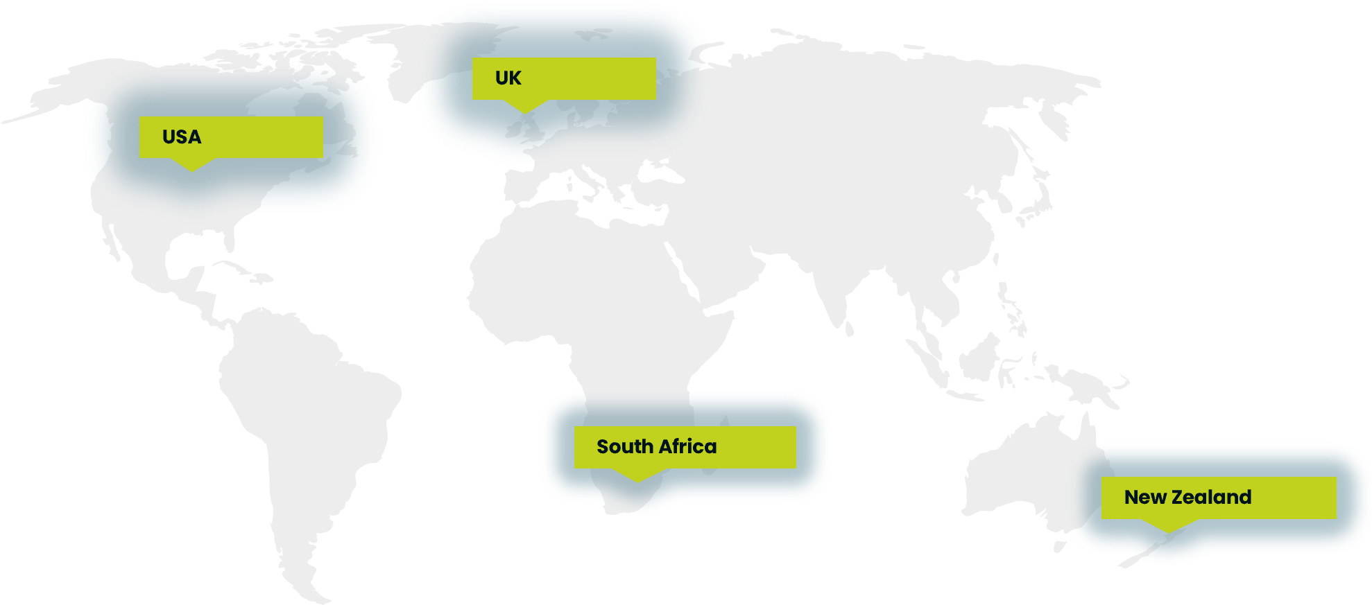 Map showing AM SQUARED office locations in the USA, UK, South Africa, and New Zealand.